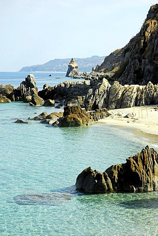 Rock formations on the coast near Tropea, Vibo Valentia, Calabria, Tyrrhenian Sea, South Italy, Italy, Europe