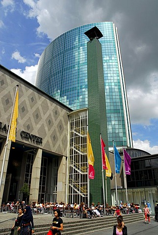 World Trade Center, WTC, a tower with a glass facade at the Beursplein, in front of dark clouds, Rotterdam, South Holland, the Netherlands, Europe