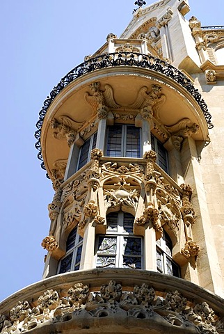 Bay window with round balconies on the Placa Weyler, Plaza Weyler, former Gran Hotel from approx. 1902, today cultural center of the Fundacio La Caixa, Palma de Mallorca, Mallorca, Balearic Islands, Spain, Europe