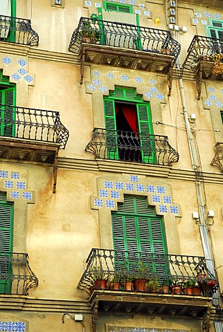 Residential apartment building from ca. 1913, facade contains Art Nouveau elements and Neo-Moorish tile details, Calle Sant Miquel, Palma de Mallorca, Mallorca, Balearic Islands, Spain, Europe