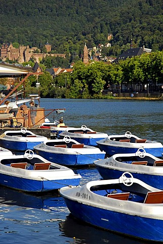 Boat rental on towpath with view of castle and old city, Neckar River, Heidelberg, Neckar Valley, Baden-Wuerttemberg, Germany, Europe