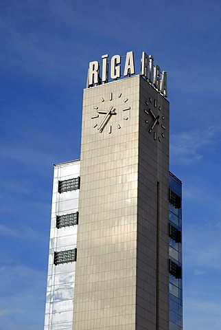 Clock tower and logo at the Central Station, Rigas Centrala Stacija, Riga, Latvia, Latvija, Baltic States, Northeast Europe