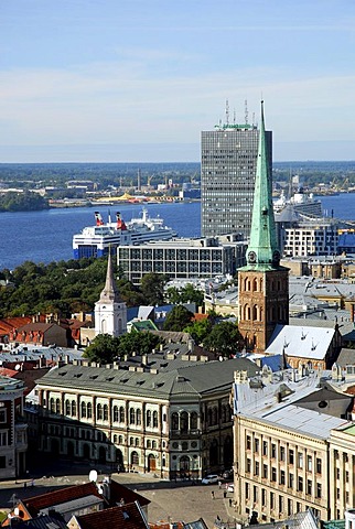 View from St. Peter's Church, Sv. Petera baznica, over the Doma laukums square in the historic town centre, Vecriga, the Parex Banka Bank and the Daugava River, Riga, Latvia, Baltic states, Northeastern Europe