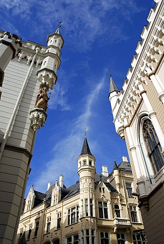 Small guild, great guild, Maza gilde, Liela gilde, buildings in a Gothic Revivalist style in Amatu iela street in the historic town centre, Vecriga, Riga, Latvia, Baltic states, Northeastern Europe