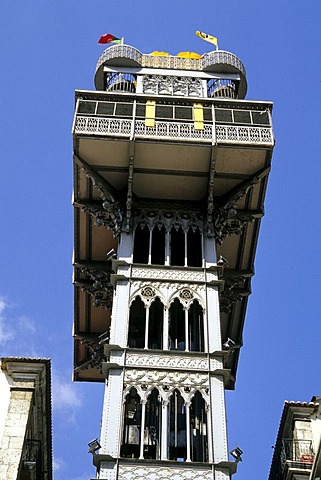 Elevador de Santa Justa, an iron construction in the city centre, has an elevator which connects Baixa and Bairro Alto, historic centre of Lisbon, Lisboa, Portugal, Europe