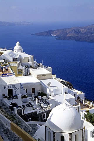 Fira, capital city, with its white houses at the crater rib of the volcano, view of the caldera, Island of Santorini, Thera or Thira, Cyclades, the Aegean, Mediterranean Sea, Greece, Europe