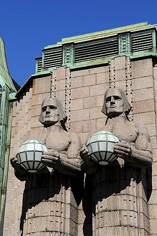 Main train station with Art Nouveau statues, Helsinki, Finland, Europe