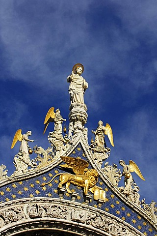 Golden lion on the clock tower, St. Mark's Square, Venice, Veneto, Italy, Europe