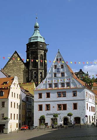 Market, Canaletto house, St Marien parish church, Pirna, Saxony, Germany, Europe