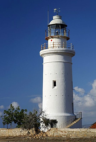 White lighthouse, blue sky, white clouds, Paphos, Pafos, Cyprus, Europe