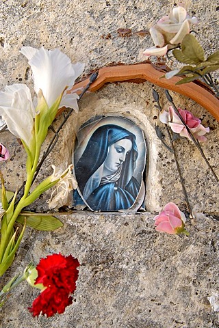 Picture of Madonna and flowers on a tombstone, cemetery in the Nebrodi Mountain Range, Southern Italy, Europe