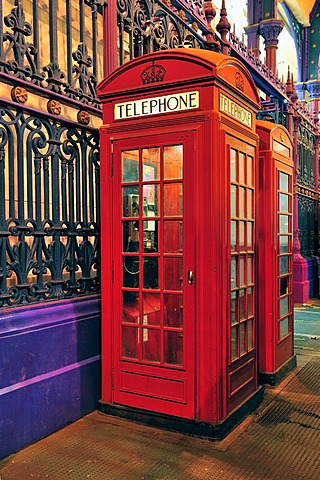 A pair of red telephone boxes at the Smithfield meat market, London, United Kingdom, Europe