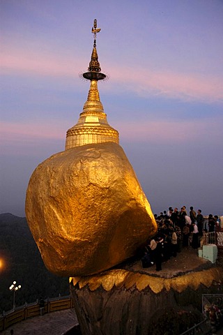 Buddhist sacred site, worshipers performing their morning prayers, Kyaiktiyo Pagoda or Golden Rock Stupa, Burma, Myanmar, Southeast Asia