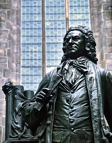 Johann Sebastian Bach monument at Thomas Church, Leipzig music trail, Leipzig, Saxony, Germany, Europe