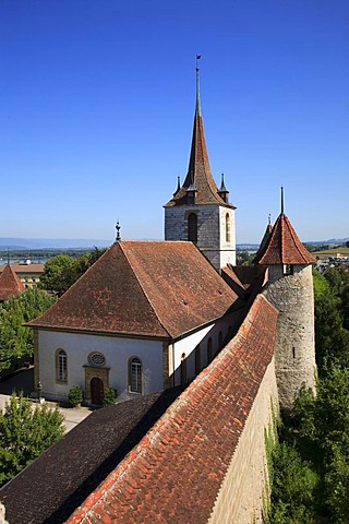 City wall of Murten in the canton of Fribourg, Switzerland, Europe