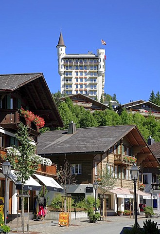 Grand Hotel Palace Hotel and Gstaad village centre, Bernese Oberland, Switzerland, Europe