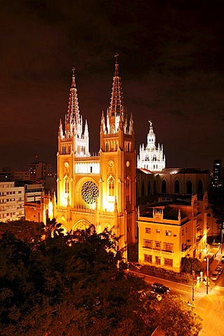 New Gothic cathedral, built in 1948, with lead crystal windows, night exposure, Guayaquil, Ecuador, South America