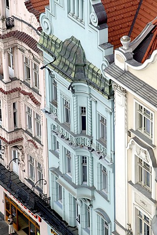 View of renaissance house facades at the Square of the Republic from the Bartholomew Church in Pilsen, Plzen, Bohemia, Czech Republic, Europe.