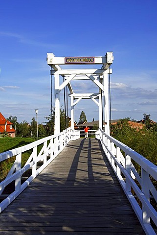 Hogendiekbruecke Bridge, Dutch style historic wooden bridge over the Luehe River, Mittelnkirchen, Steinkirchen, Lower Saxony, Germany, Europe