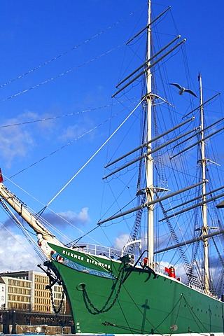 Historic sailing ship "Rickmer Rickmers", museum ship with figurehead, tall ship, bark, windjammer, Hamburg harbour on Elbe River, Hamburg, Germany