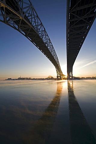 The Blue Water Bridge across the St. Clair River, linking the United States and Canada, Port Huron, Michigan, USA