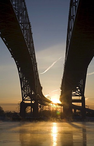 The Blue Water Bridge across the St. Clair River, linking the United States and Canada, Port Huron, Michigan, USA