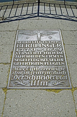 Commemorative plaque, Adler bastion, this is where the "tailor of Ulm" started his attempt to fly, Ulm, Baden-Wuerttemberg, Germany, Europe