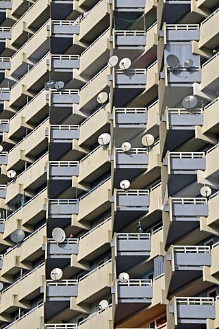 Apartment tower with balconies and satelite dishes, Chorweiler near Cologne, North Rhine-Westphalia, Germany, Europe