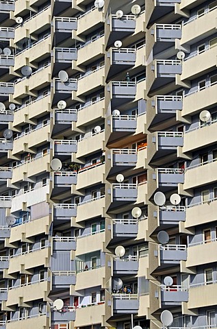 Apartment tower with balconies and satelite dishes, Chorweiler near Cologne, North Rhine-Westphalia, Germany, Europe