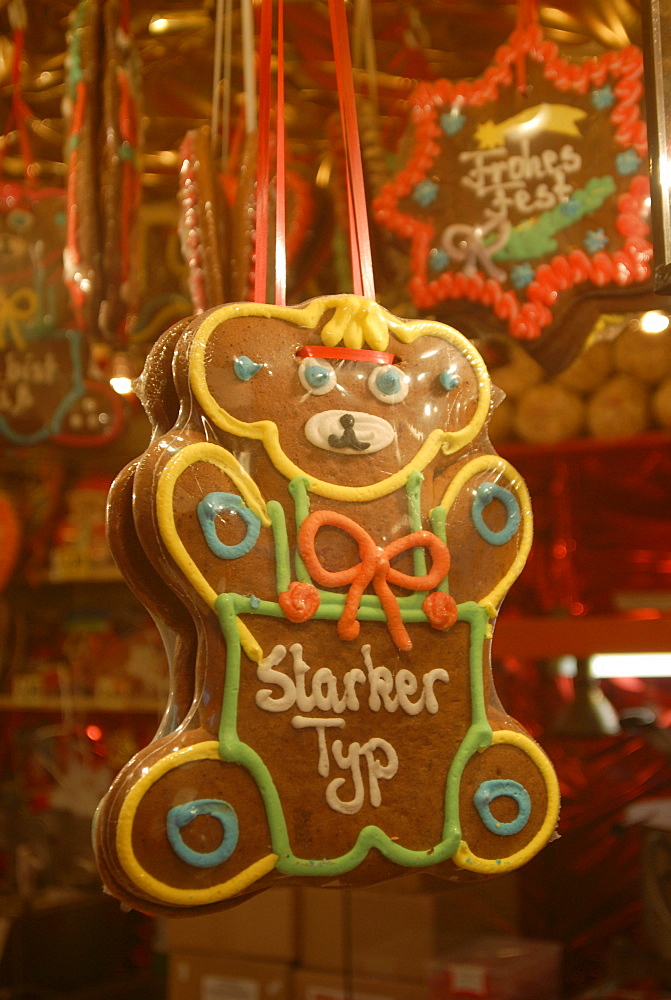 Lebkuchen (a kind of soft gingerbread), traditional Christmastime baking at the children's Christmas market in Nuremberg, Bavaria, Germany, Europe