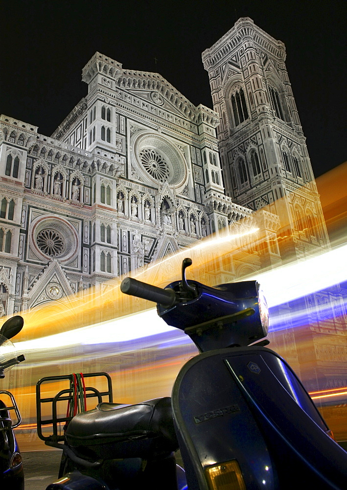 Vespa parked in front of a cathedral, nighttime, Florence, Tuscany, Italy, Europe