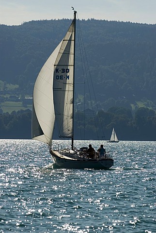 Sailboat sailing on Lake Attersee, Upper Austria, Austria, Europe