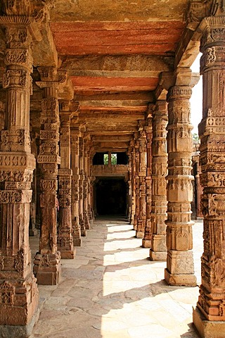 Richly decorated stone pillars at Qutb Minar, Delhi, India