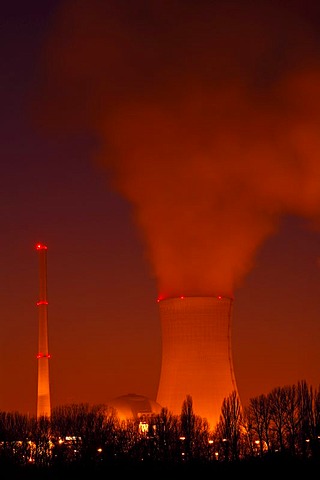 Nuklear power station at night, Grafenrheinfeld, Unterfranken, Bavaria, Germany