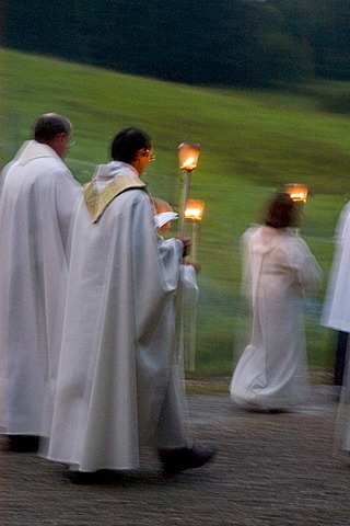 Violau district of Augsburg Swabia Bavaria Germany parish and pilgrimage church S. Michael pilgrimage and procession with candle lights on evening of the Feast of Assumption