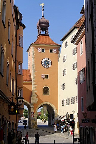 Regensburg Upper Palatinate Bavaria Germany bridge gate to Steinerne Bruecke stone bridge