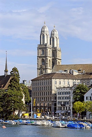 Grossmuenster above the Limmat Quai Zurich Switzerland