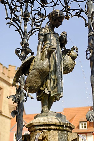 Goettingen Lower Saxony Germany at the marktplatz marketplace with the Gaenseliesel fountain