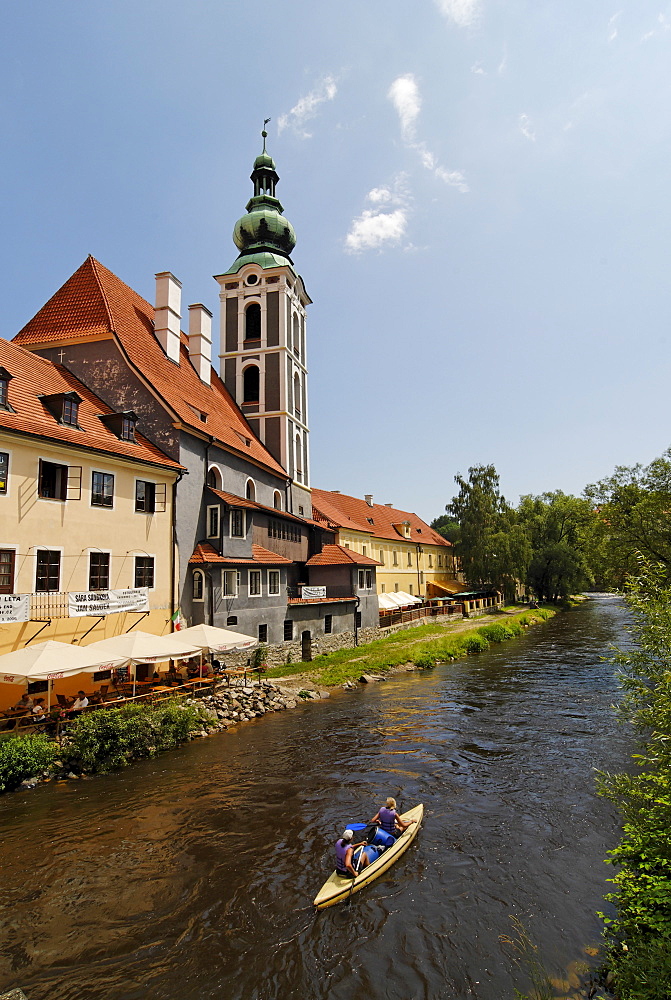 Cesky Krumlov Krumau at the Moldau Vltava Bohemian Forest Sumava Czech Republik in the Oldt town center canoes on the river