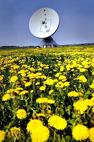 Antenna aerial museum on a dandelion meadow in Raisting Bavaria Germany