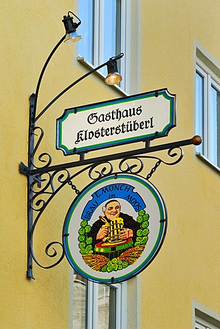 Sign of the restaurant Klosterstueberl, Wasserburg, Bavaria, Germany