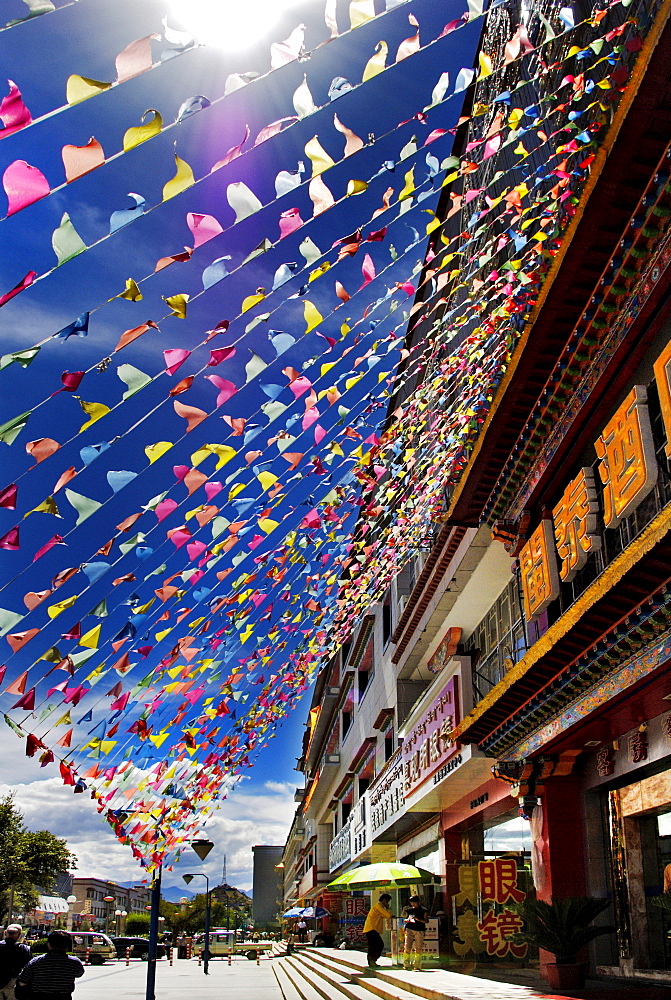 Flags at a supermarket, Lhasa, Tibet