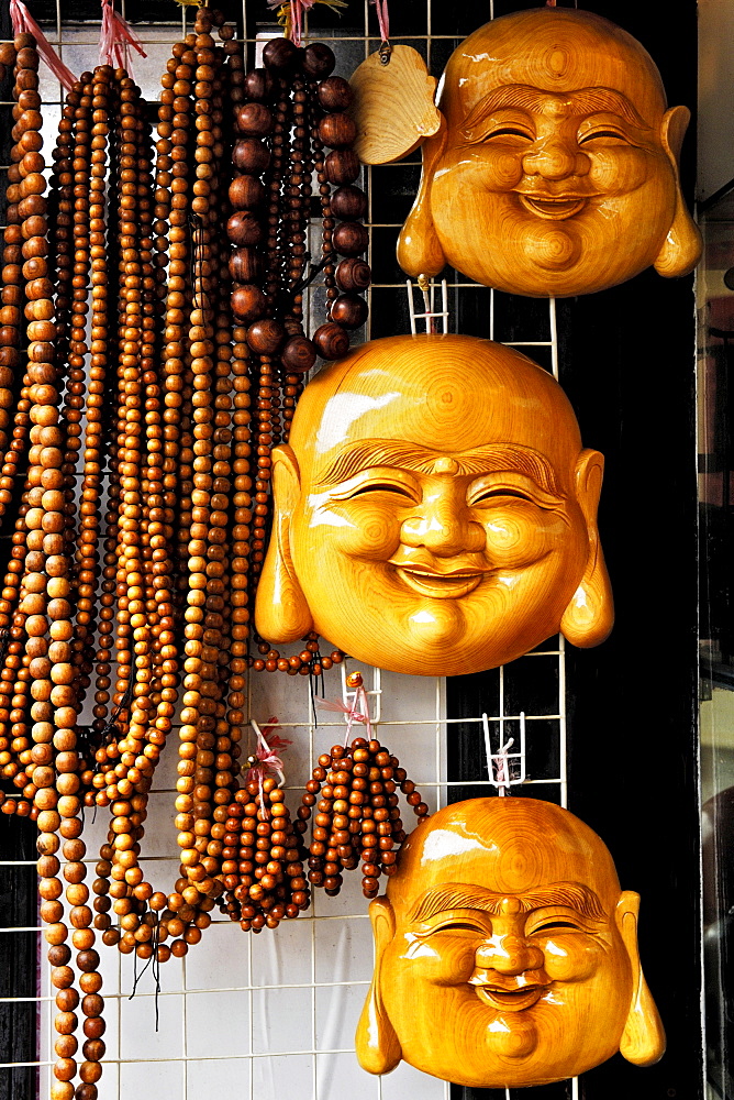 Fangbang Zhonglu antique market, wooden masks and necklaces, Shanghai, China, Asia