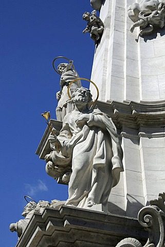 Holy Trinity Pillar with figurines of saints, 14 m high, detail, baroque plague column in remembrance of the epidemic of the bubonic plague that occurred in 1691, St. Mathew's Church, Budapest, Hungary, Europe