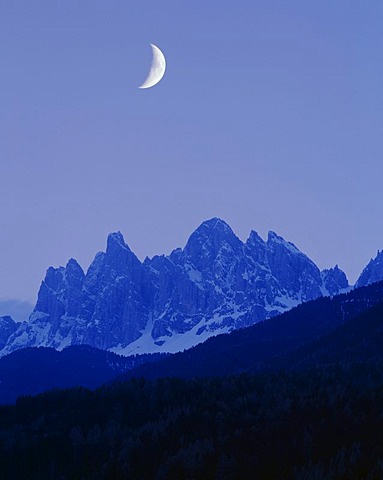 Geisler Massif, moon in the sky, Villnoesstal Valley, Province of Bolzano-Bozen, Italy, Europe