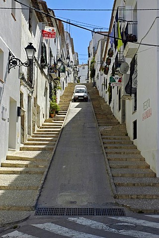 Car parking in a steep lane in the old part of town, Altea, Costa Blanca, Spain