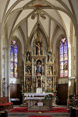 Late gotic altar in the church inaugurated to the saints of Ulrich and Wolfgang, Deutschnofen, Eggen valley, South Tyrol, Italy