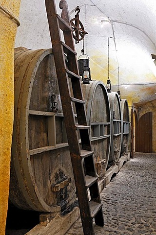 Big barrels in the vine cellar, wine museum and vinery Koutsouyanopoulos, Santorini, Greece