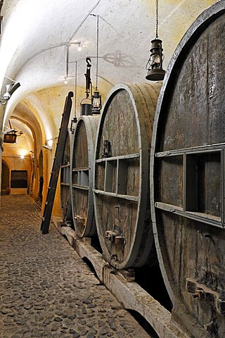 Big barrels in the vine cellar, wine museum and vinery Koutsouyanopoulos, Santorini, Greece