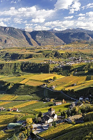 View from the tower of the castle ruin Boymont to the castle Korb and the villages of St Nikolaus and Kaltern, near Bozen, South Tyrol, Italy